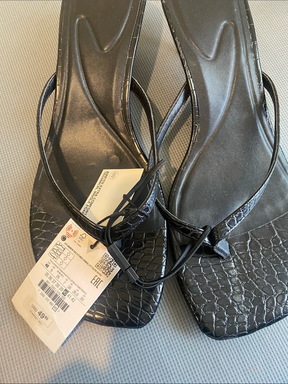 ZARA Black Croc-Texture Strappy Square-Toe Sandals - Picture 3 of 6